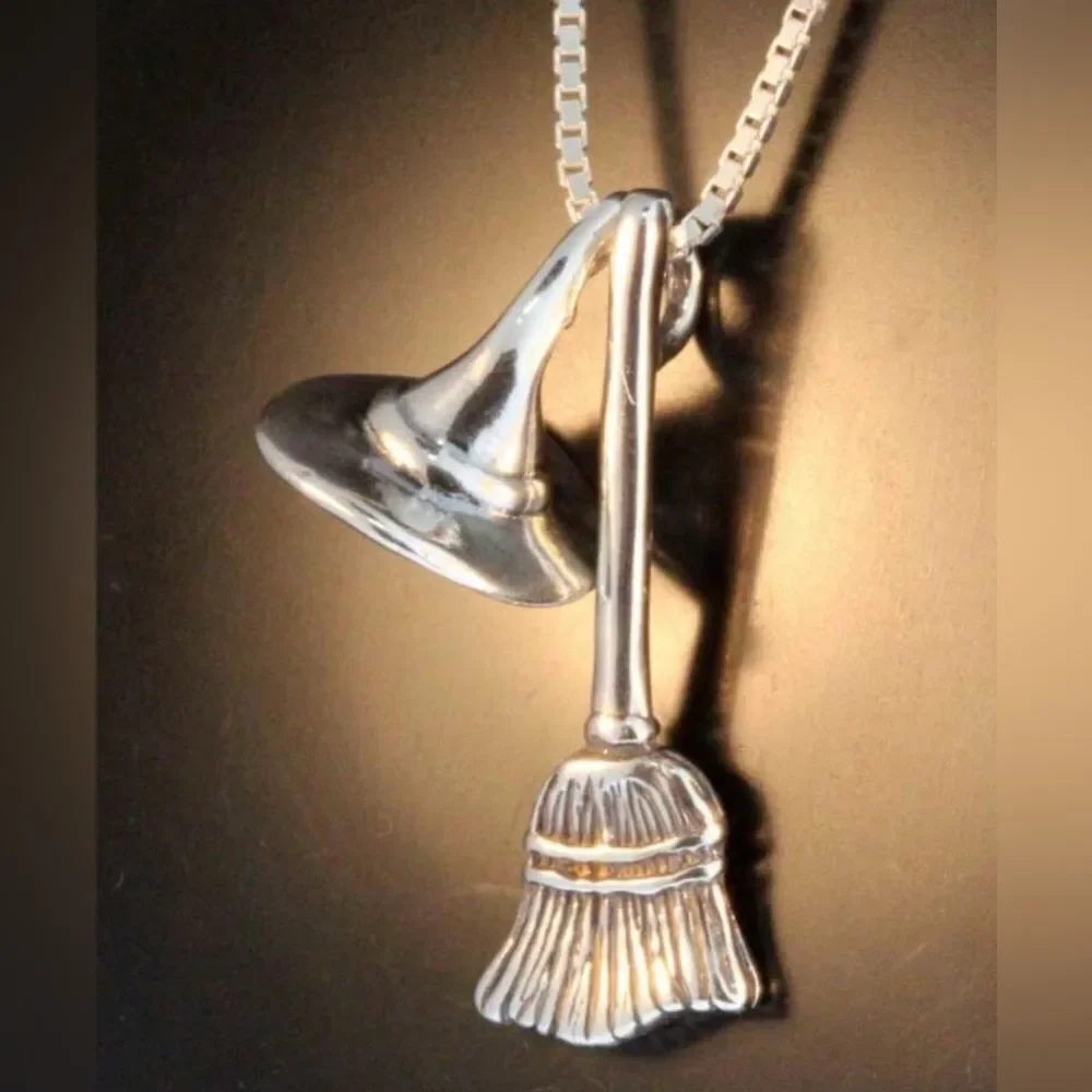 Goth Necklace Witch’s Broom & Hat, Silver Color, Engraved Design Layering Piece